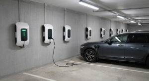 Moderna laddstolpar för elbil installerade i underjordiskt garage i Stockholms flerbostadshus