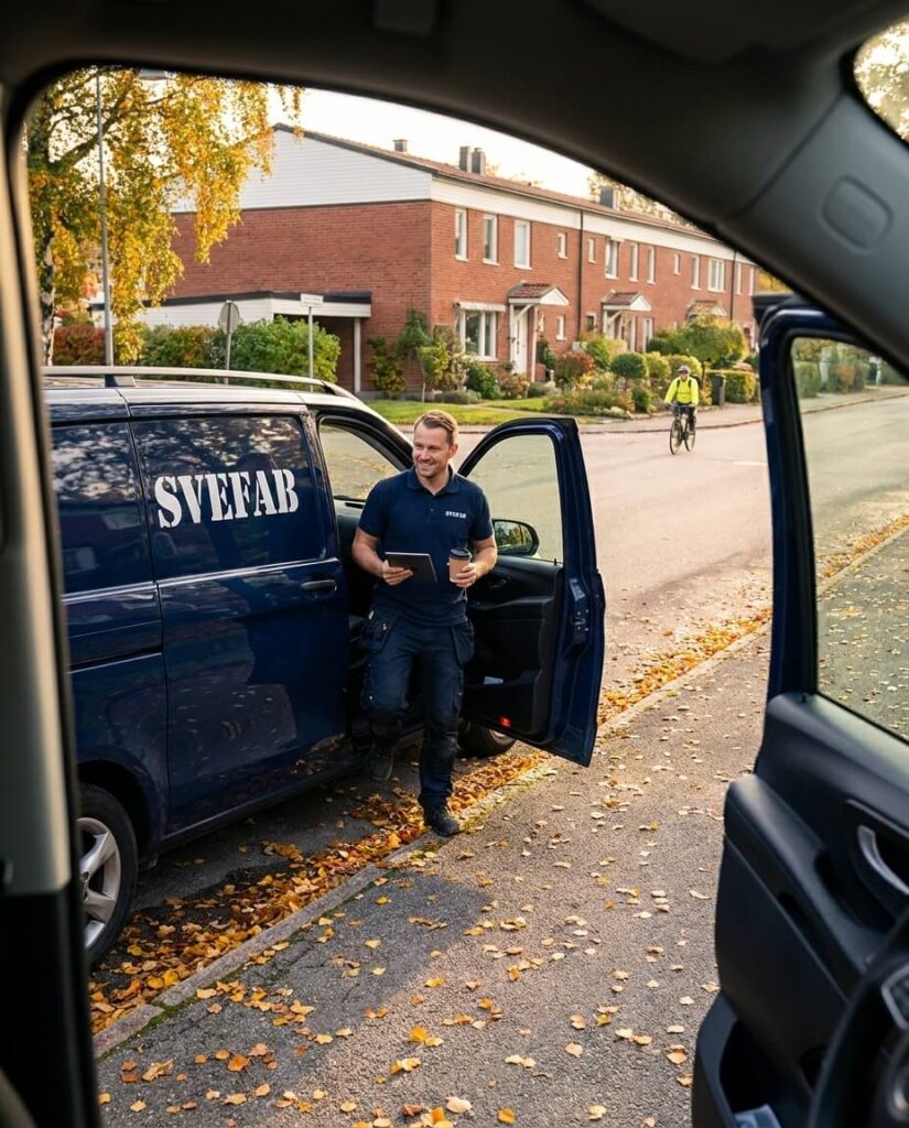 SVEFAB-medarbetare anländer med servicebil till fastighet i Täby en höstmorgon