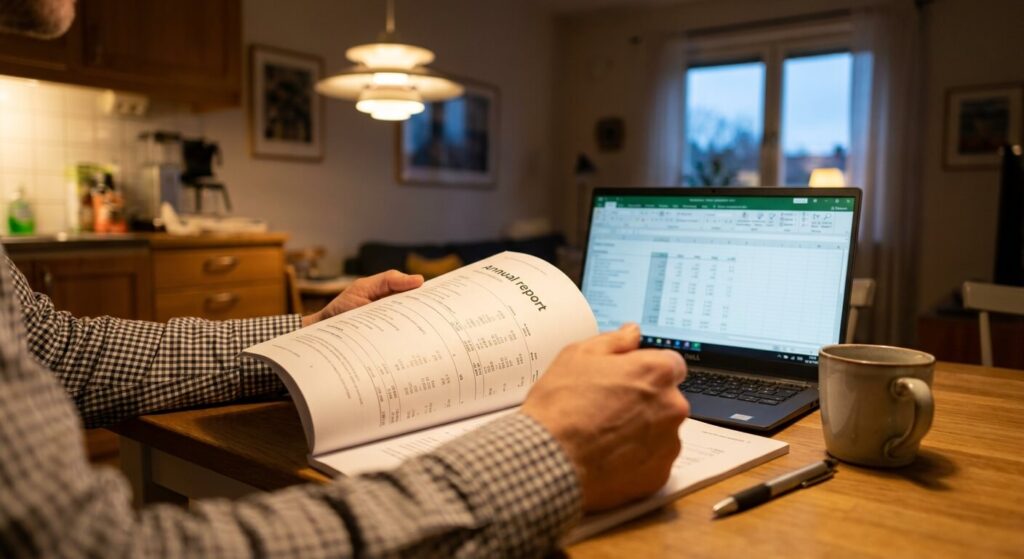 tyrelseledamot i BRF går igenom föreningens årsredovisning vid köksbordet