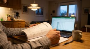 tyrelseledamot i BRF går igenom föreningens årsredovisning vid köksbordet