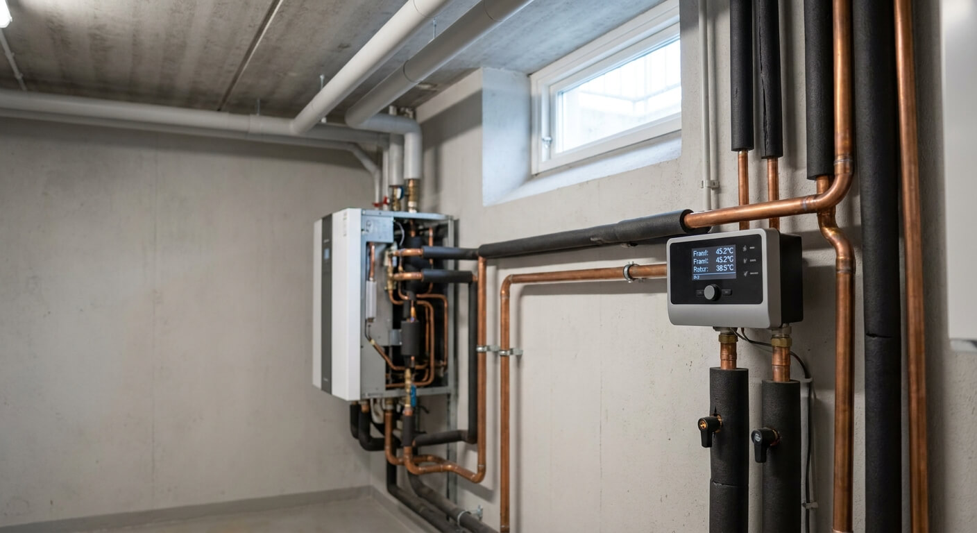Värmesystem med shuntgrupp och digital styrning i teknikrum i Stockholms flerbostadshus
