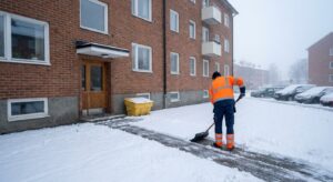 Snöröjning av gångväg framför entré till flerbostadshus i Stockholm en vintermorgon
