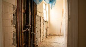 Frilagda vatten- och avloppsstammar i gjutjärn och koppar under pågående stambyte i Stockholms flerbostadshus