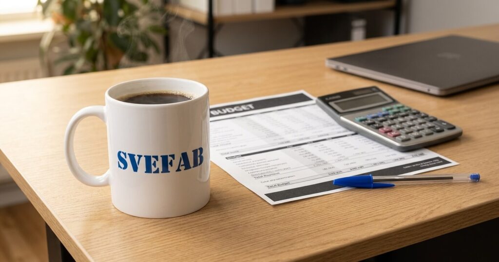 Kaffemugg med SVEFAB-logotyp bredvid budgetunderlag för fastighetsförvaltning på kontorsskrivbord