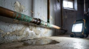 Läckande kopparstam med fuktskada vid fogkoppling i teknikrum i flerbostadshus