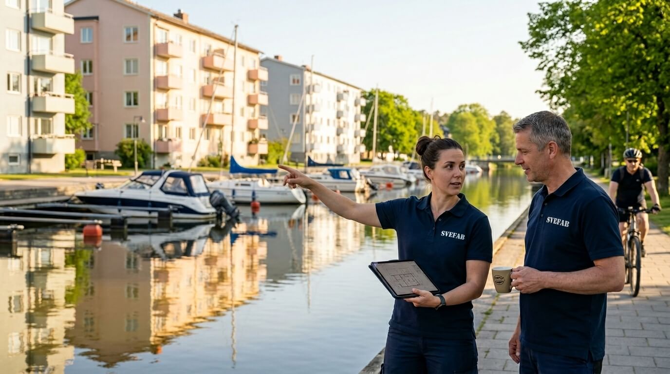 SVEFAB-medarbetare i marinblå kläder med vit logotyp vid Åkers kanal i Åkersberga
