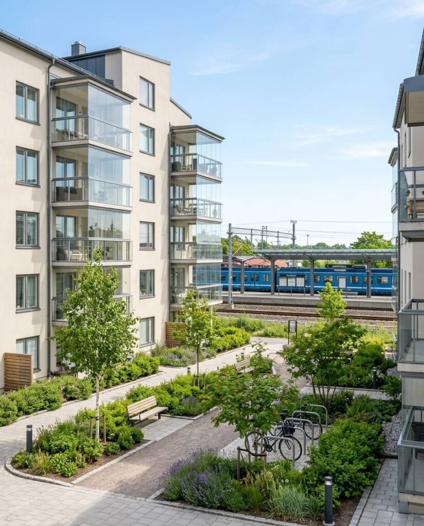 odernt nybyggt bostadskvarter nära Åkersberga station med innergård