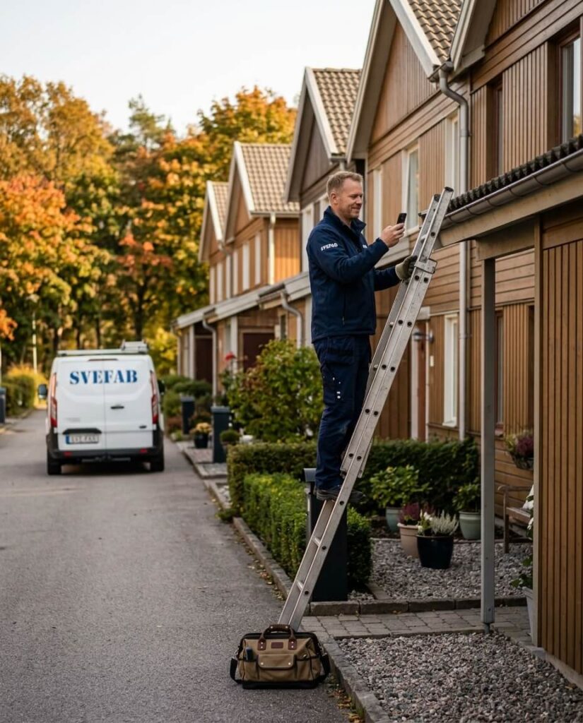 SVEFABs fastighetsskötare i marinblå kläder med vit logotyp inspekterar tak på sjuttiotalsradhus i Åkersberga