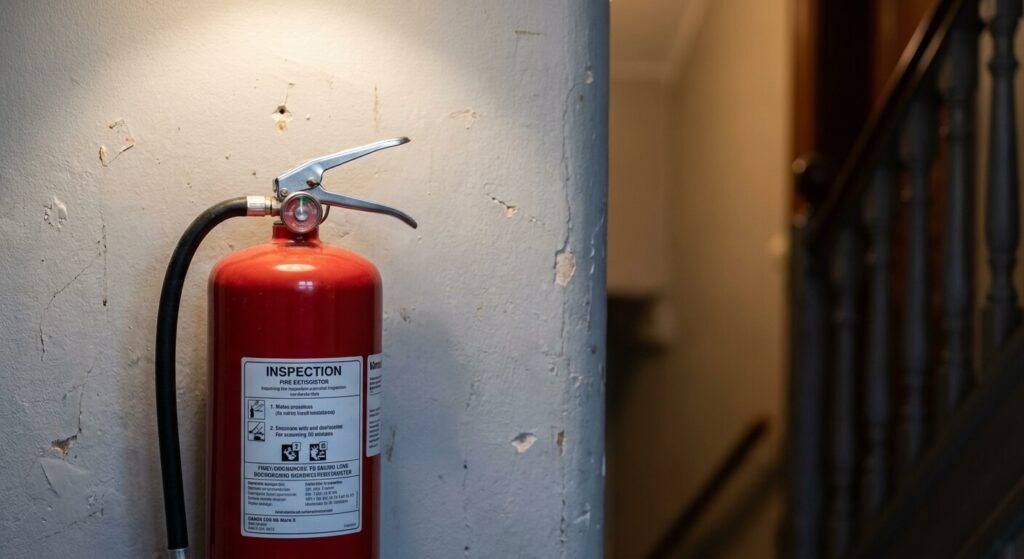 Röd brandsläckare monterad på vägg i trapphus i Stockholms flerbostadshus