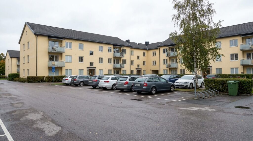 Uppmärkta parkeringsplatser utanför flerbostadshus i Stockholm med skylt om tillstånd krävs
