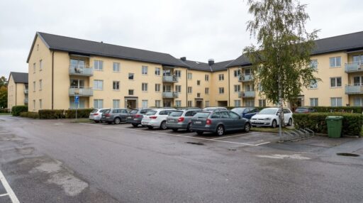 Uppmärkta parkeringsplatser utanför flerbostadshus i Stockholm med skylt om tillstånd krävs