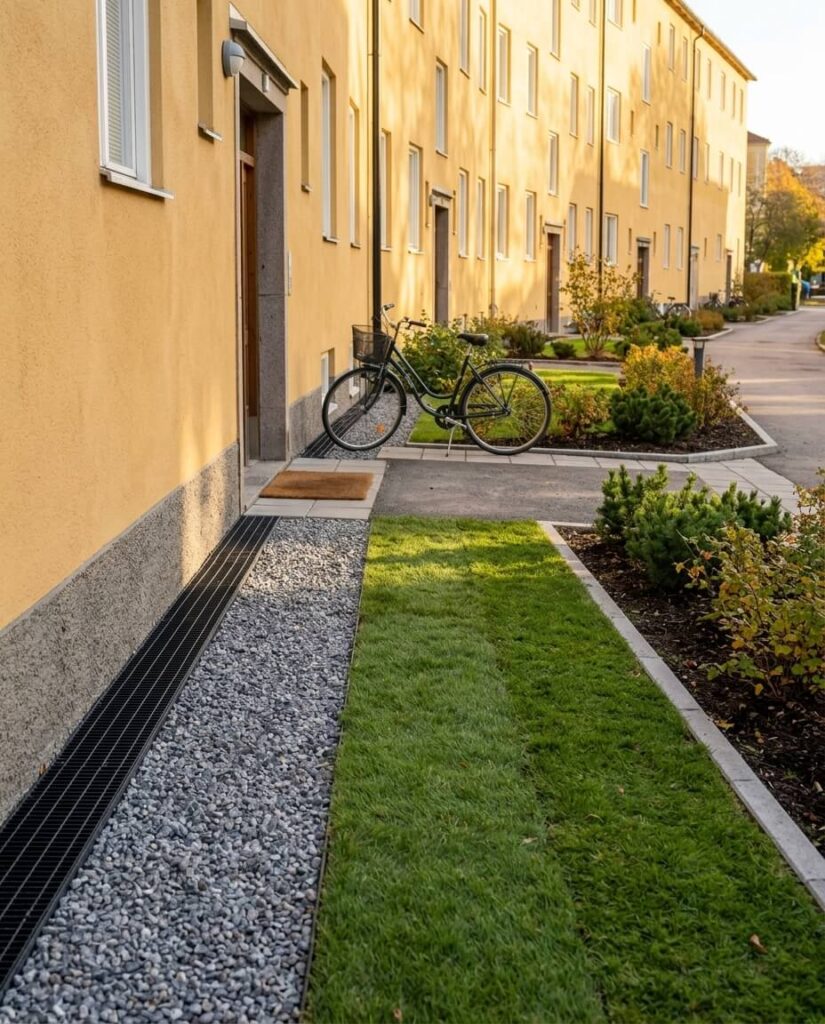 Färdigställt dräneringsprojekt vid flerbostadshus med återställd mark och ny dränering