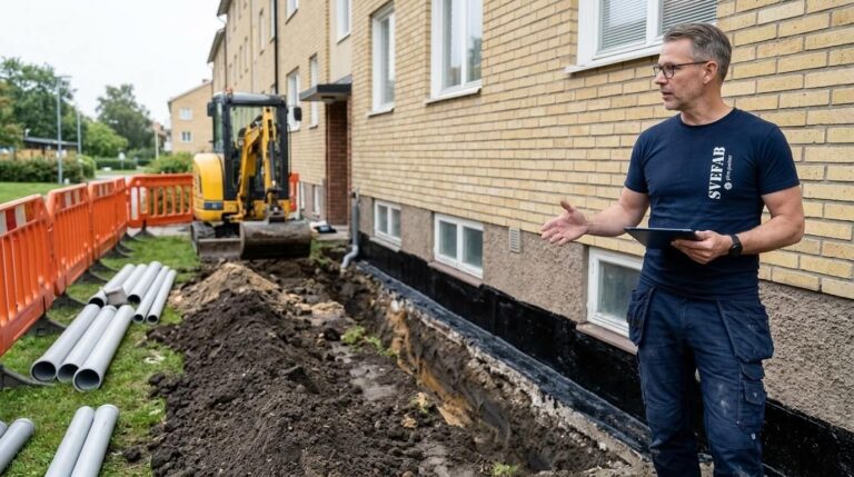 SVEFAB-byggprojektledare övervakar dräneringsprojekt vid fastighet i Stockholm