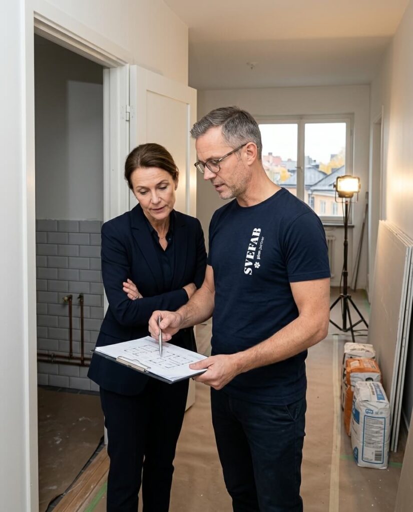 SVEFAB-byggprojektledare går igenom projektunderlag med styrelseordförande på renoveringsplats