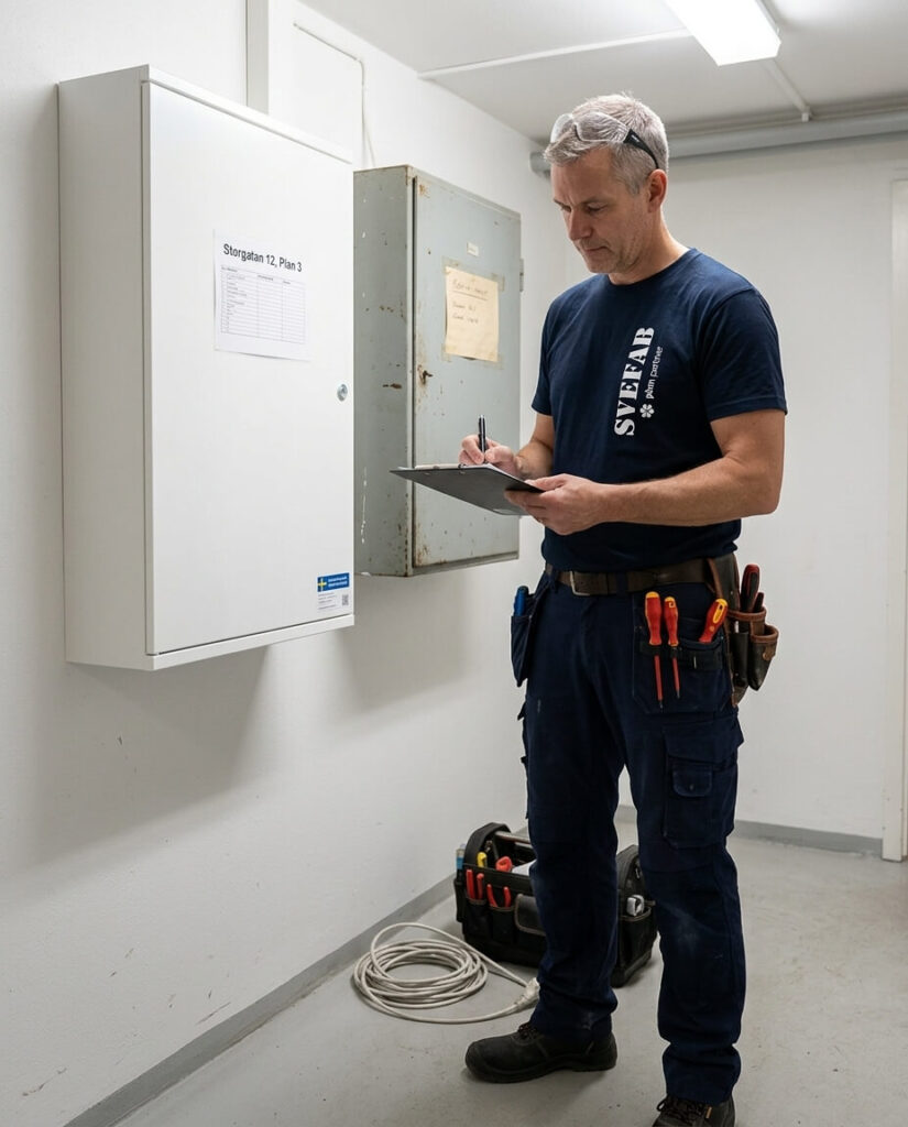 Auktoriserad SVEFAB-elektriker dokumenterar slutförd elinstallation i fastighet