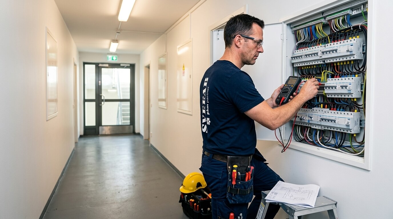 SVEFAB-elektriker utför auktoriserad elservice vid elcentral i fastighet i Stockholm