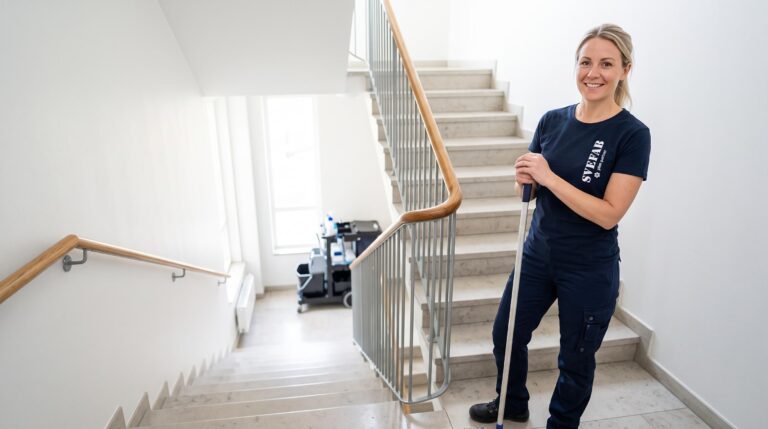 SVEFAB-medarbetare utför professionell lokalvård och trapphusstädning i ljust trapphus