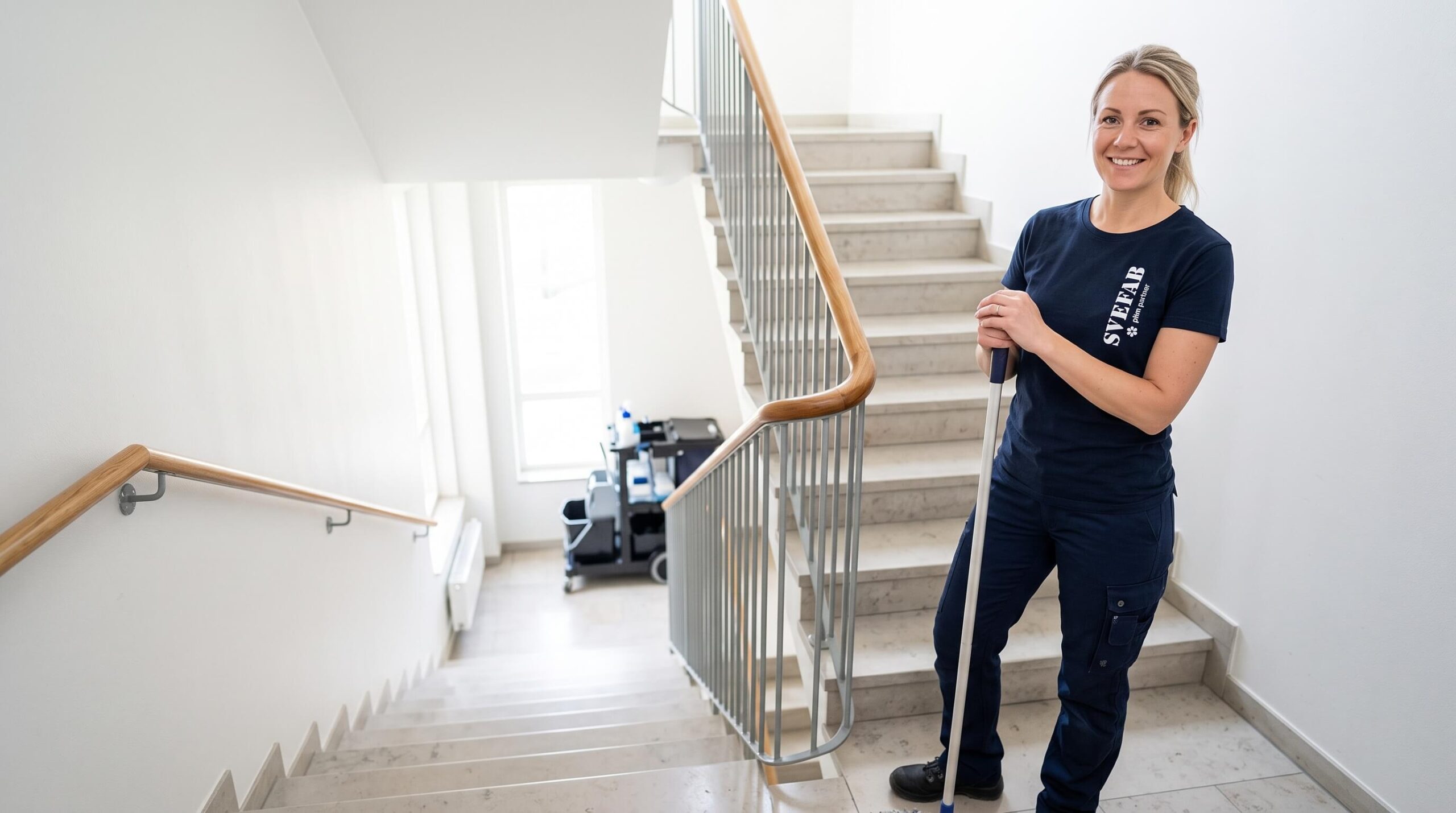 SVEFAB-medarbetare utför professionell lokalvård och trapphusstädning i ljust trapphus