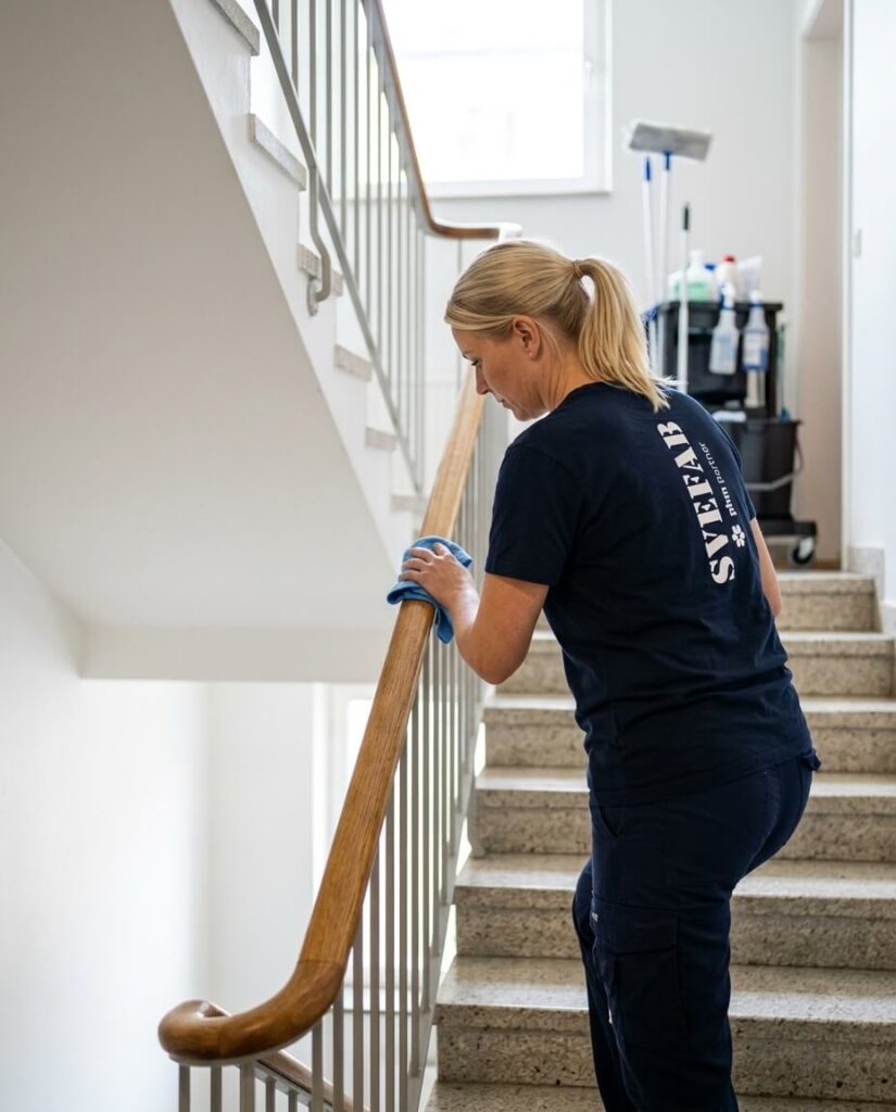 Medarbetare från SVEFAB utför lokalvård i trapphus, torkar av ledstång med mikrofiberduk