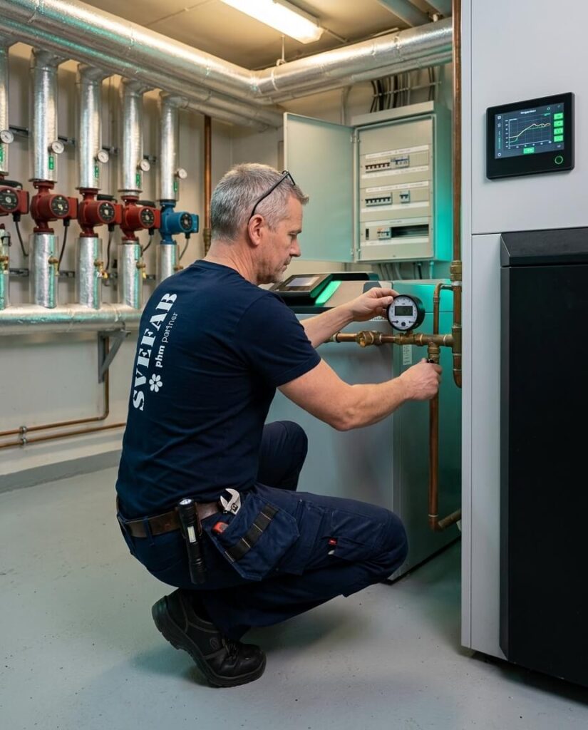 SVEFAB-drifttekniker utför tillsyn och optimering av värmesystem i pannrum