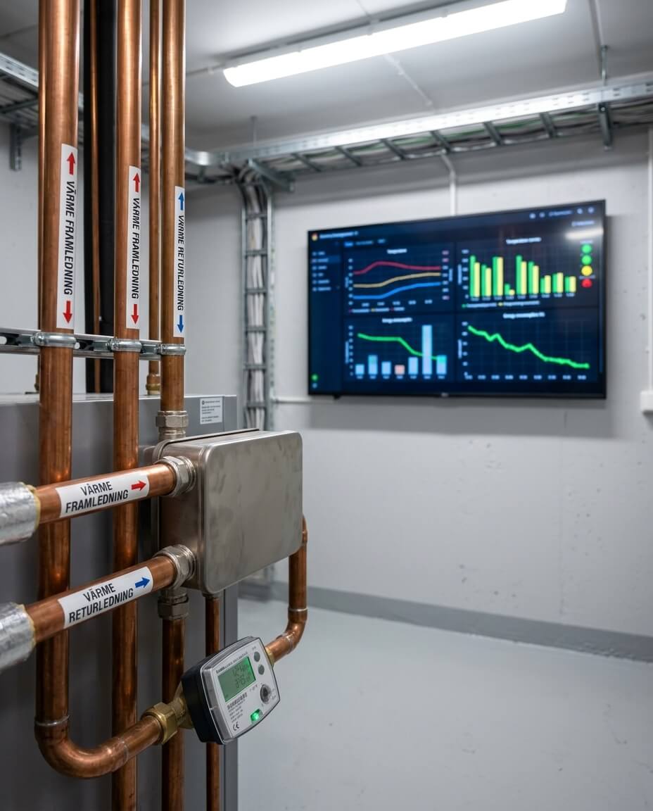 Modern energiövervakning och värmesystem i driftrum för energioptimering av fastighet