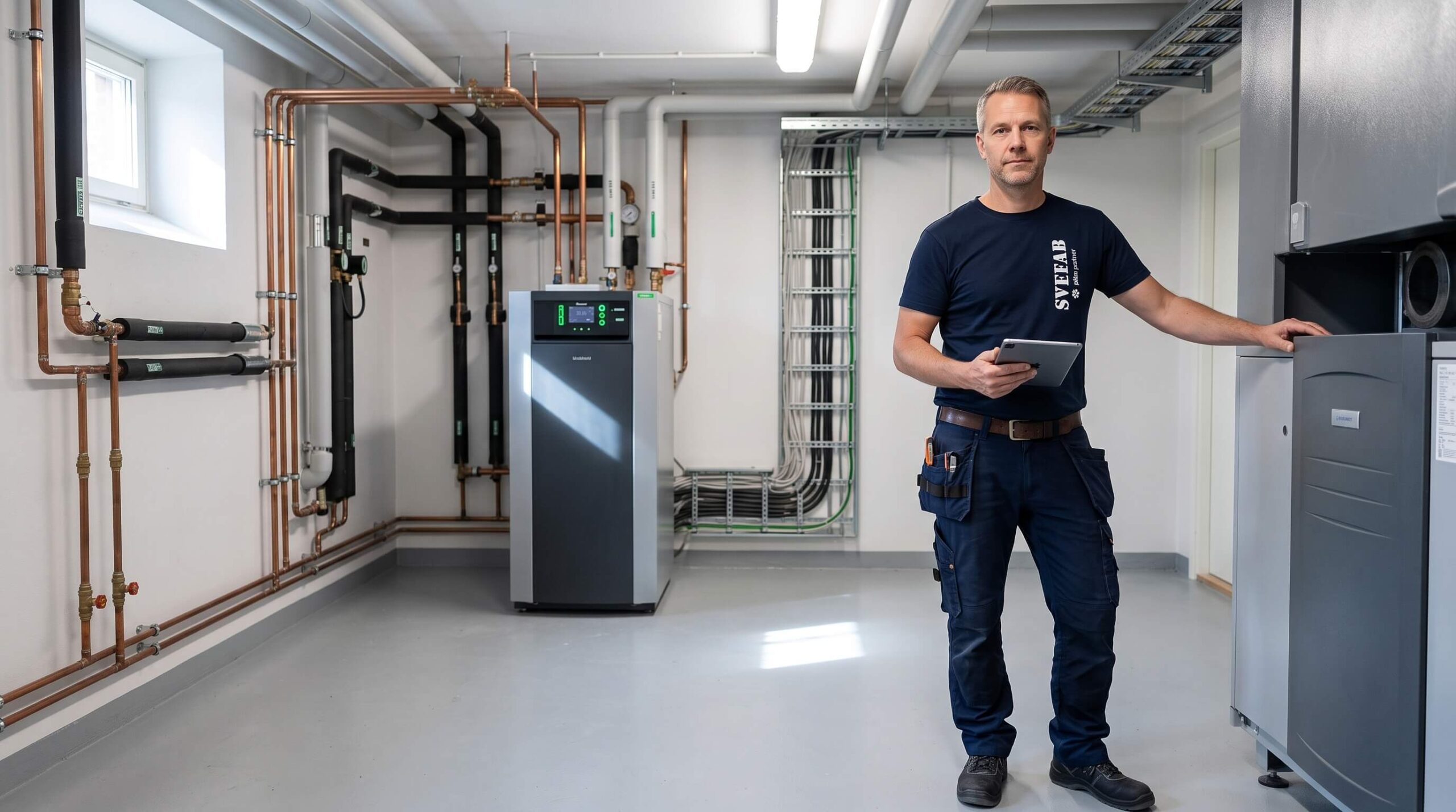 SVEFAB-tekniker i driftrum utför teknisk förvaltning för långsiktig fastighetsdrift