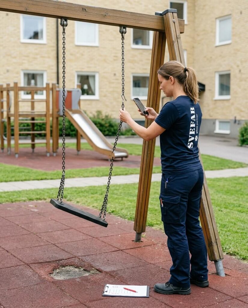 SVEFAB-medarbetare inspekterar skadad lekutrustning vid lekplatsbesiktning för åtgärd