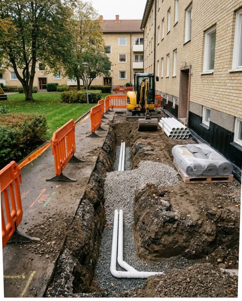 Pågående dräneringsprojekt med schaktning och rörläggning vid flerbostadshus utfört av SVEFAB