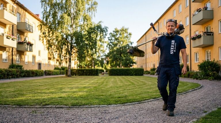 SVEFAB-medarbetare utför markskötsel och utemiljöskötsel vid flerbostadshus i Stockholm