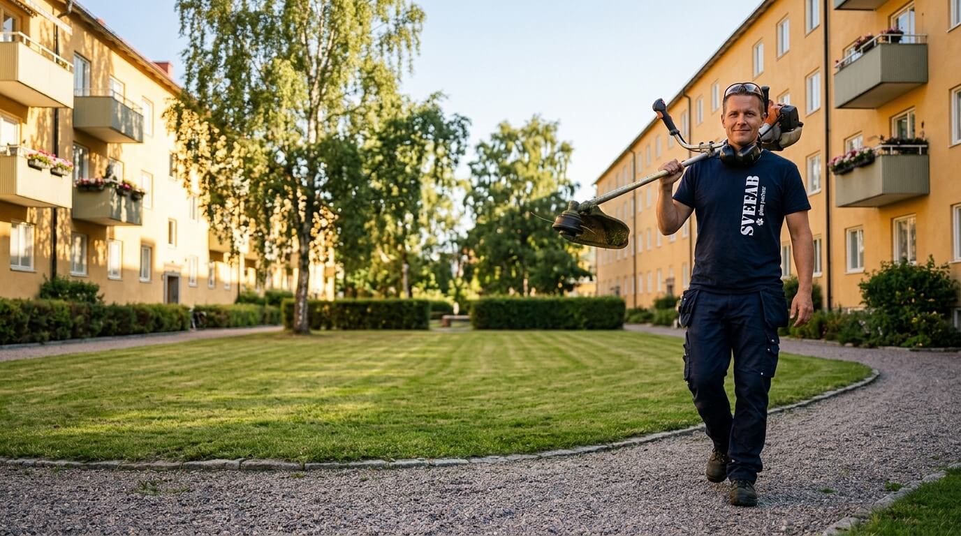 SVEFAB-medarbetare utför markskötsel och utemiljöskötsel vid flerbostadshus i Stockholm