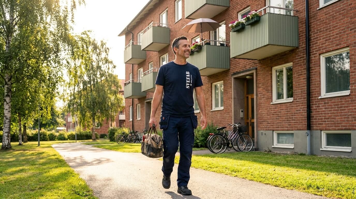 Fastighetstekniker från SVEFAB på väg mot en entré i en bostadsrättsförening i Sollentuna