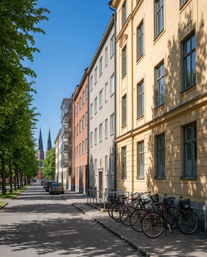 Bostadshus från olika epoker längs en gata i Uppsala en sommardag