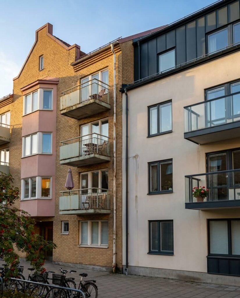 Bostadshus från 1980-talet och modern nyproduktion i samma kvarter i Solna