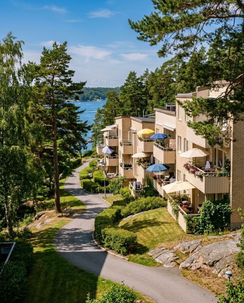 Bostadsområde på Lidingö med utsikt mot vattnet en sommardag