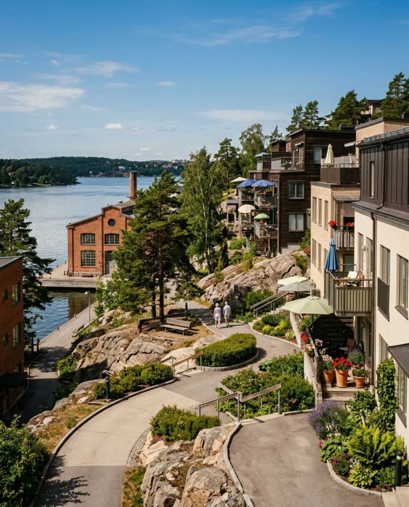 Bostadsbebyggelse i sluttning mot vattnet i Nacka en sommardag