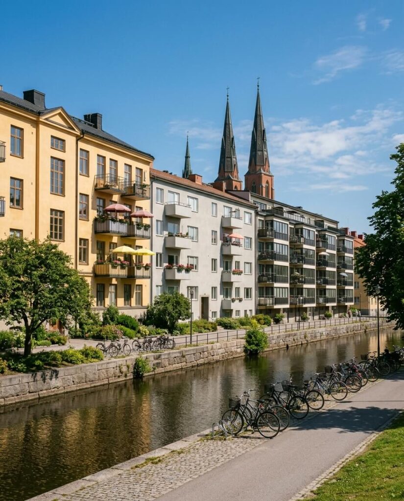 Bostadsbebyggelse längs Fyrisån i Uppsala en sommardag
