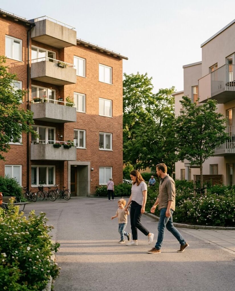 Boende på väg genom sitt bostadsområde