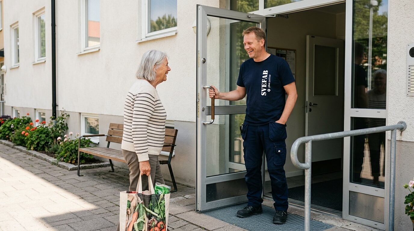 Fastighetstekniker från SVEFAB håller upp dörren för en boende