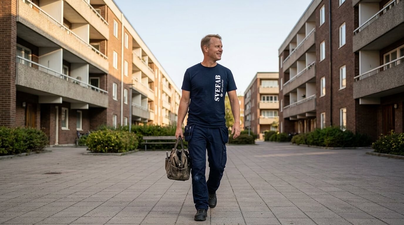 Fastighetstekniker från SVEFAB på en bostadsgård i Märsta