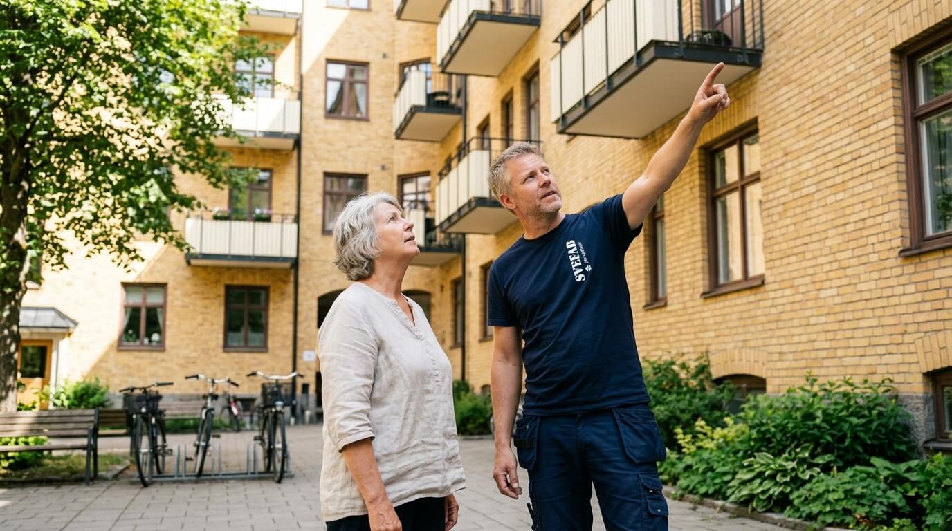 Fastighetstekniker från SVEFAB visar en boende något på fasaden i Vaxholm