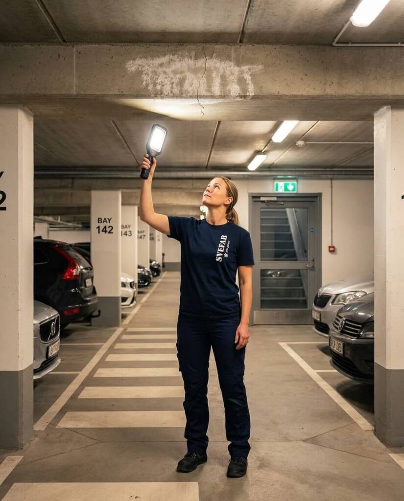 Fastighetstekniker kontrollerar bjälklaget i ett underjordiskt garage i Solna