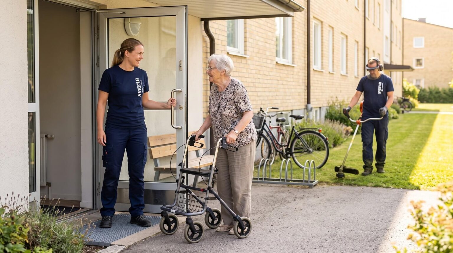 Medarbetare från SVEFAB vid entrén till en bostadsrättsförening i Täby