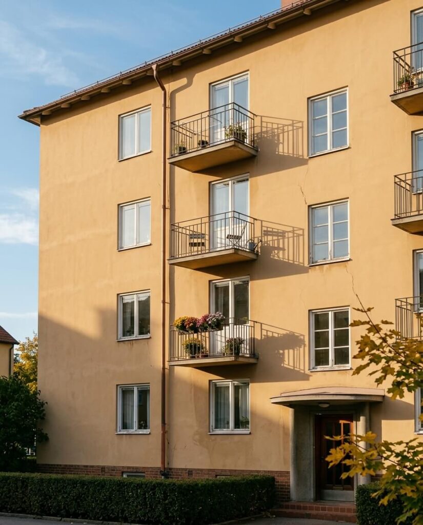 Fasad på ett flerbostadshus från 1950-talet med balkonger och putsad yta
