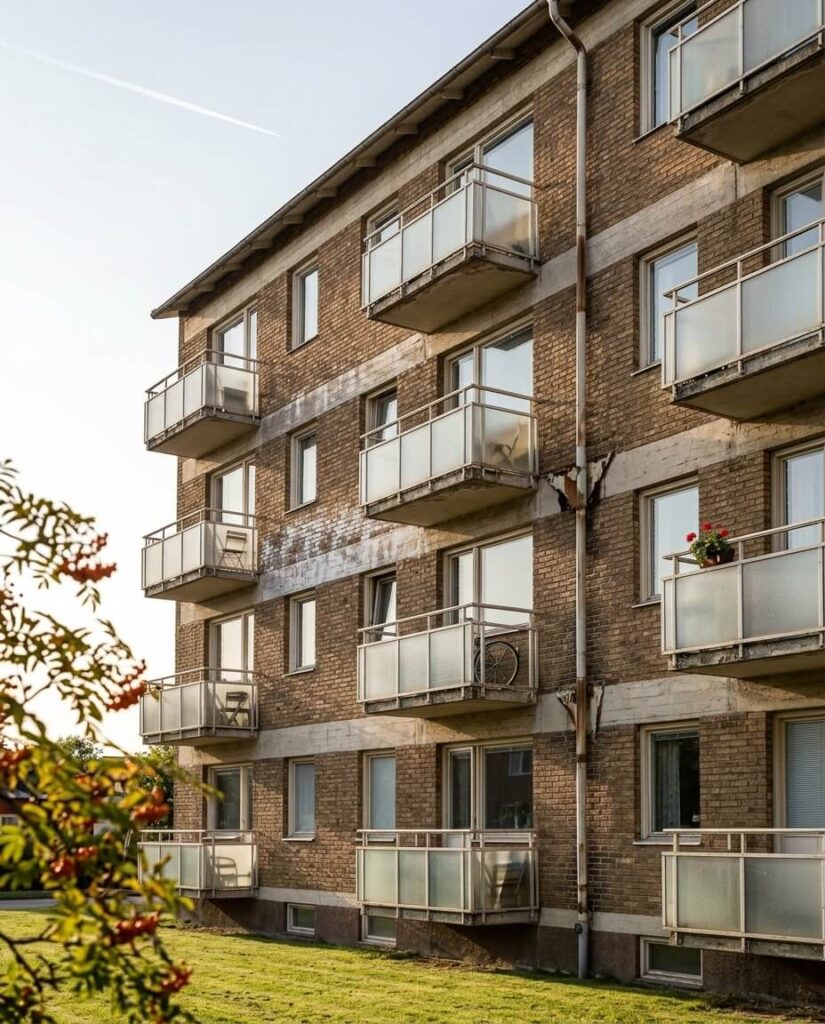 Fasad på ett flerbostadshus i Märsta byggt på 1960-talet
