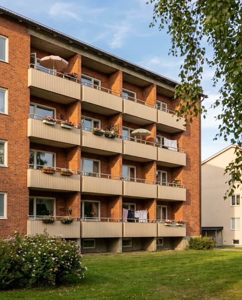 Fasaden på en bostadsrättsförening från 1960-talet i Sollentuna