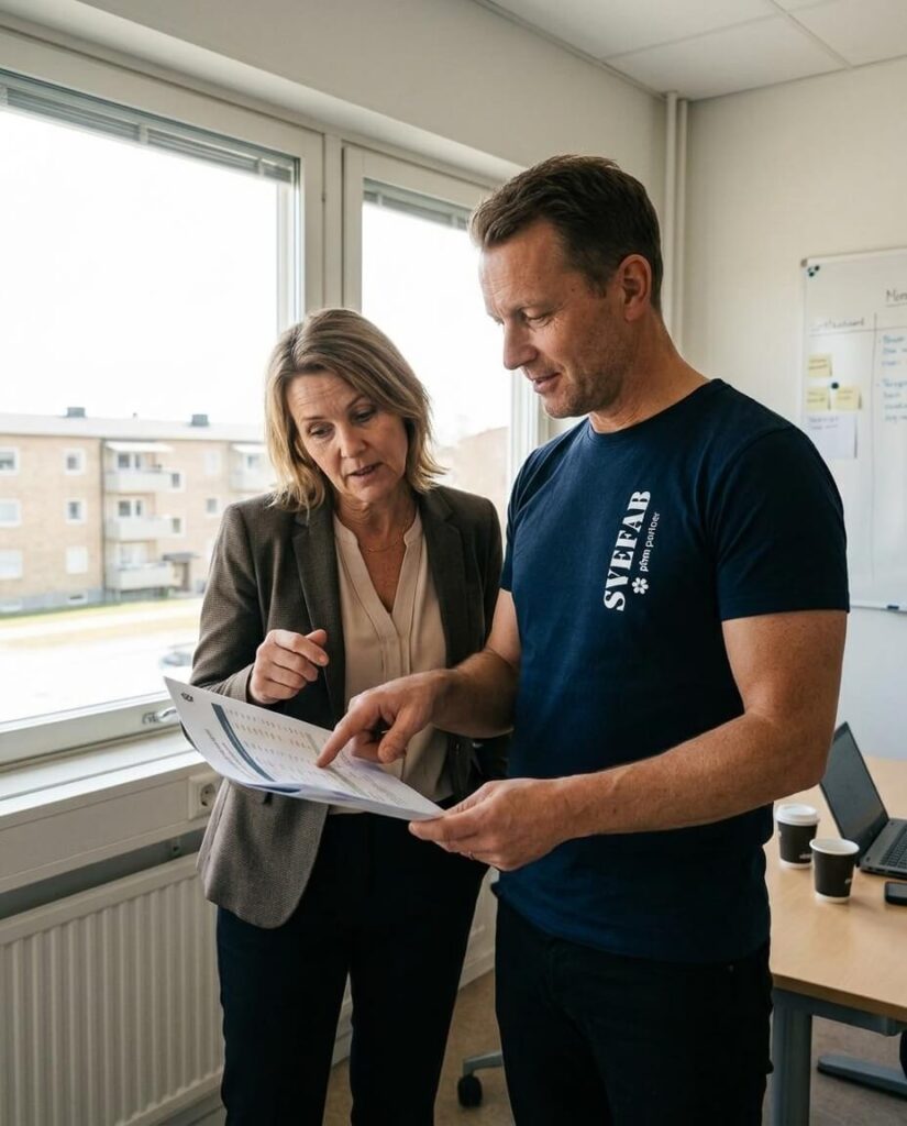 Förvaltare går igenom rapporter tillsammans med en fastighetsägare