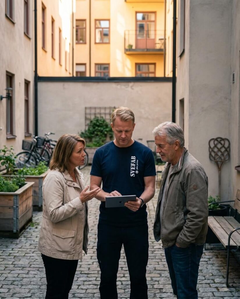 Förvaltare går igenom en fastighet tillsammans med två styrelseledamöter på en innergård