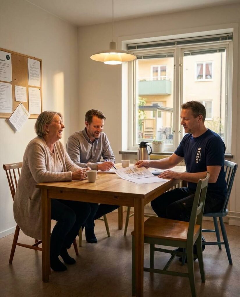 Förvaltare går igenom underhållsplanen med två styrelseledamöter i en föreningslokal