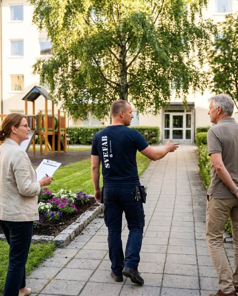 Fastighetsskötare från SVEFAB går igenom utemiljön med två styrelseledamöter