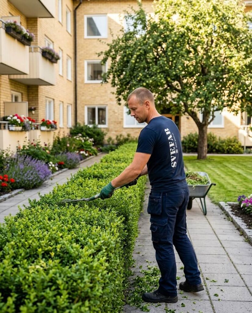 Fastighetsskötare från SVEFAB klipper häcken på en bostadsgård i Uppsala